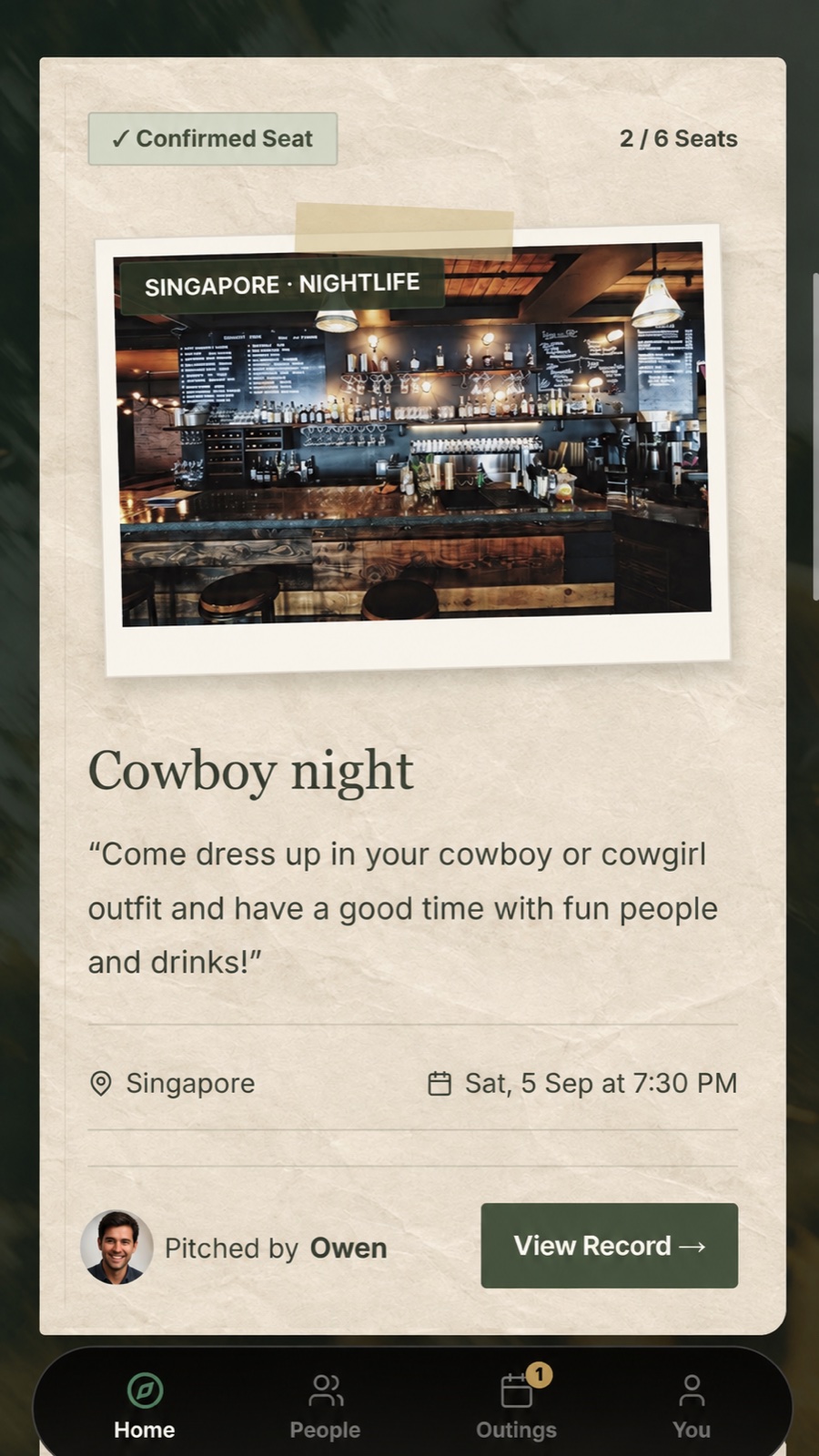Confirmed Cowboy night outing with its time, place and an anonymised host