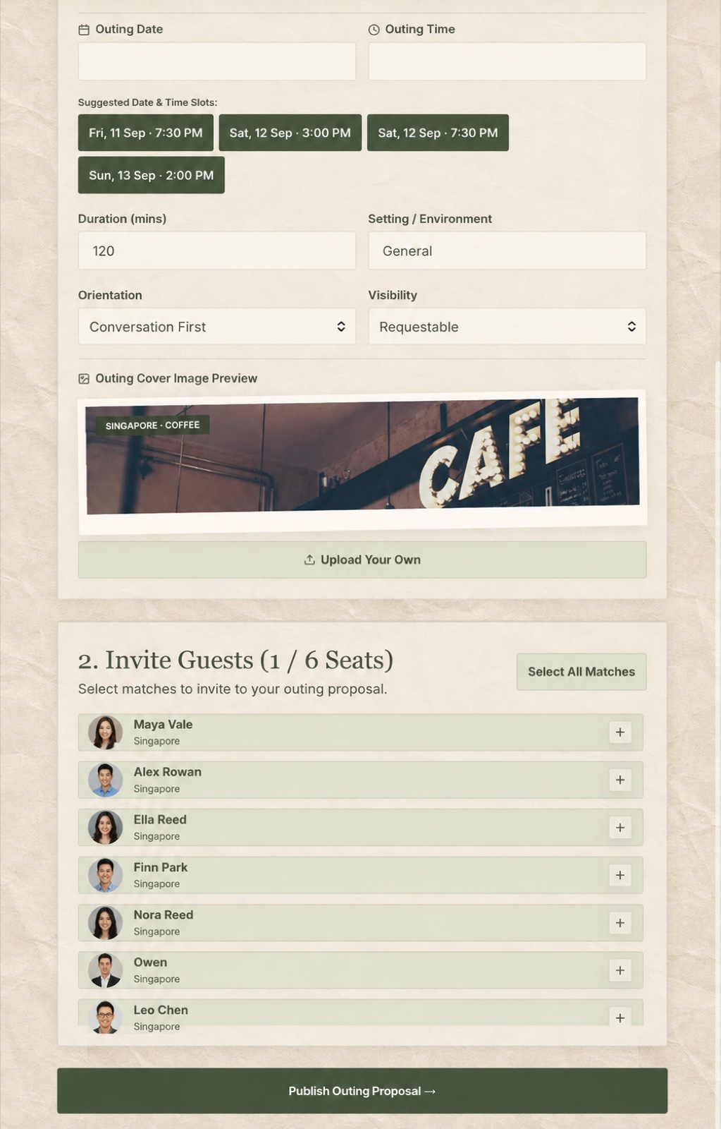 Choose matches to invite from the outing guest list, with anonymised names and photos