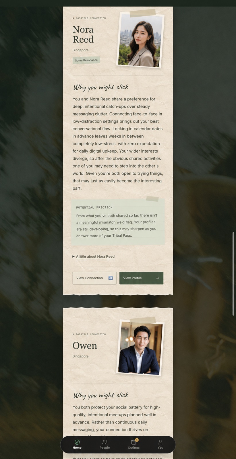 Personal matching cards explaining why you might click and potential friction, with anonymised profiles