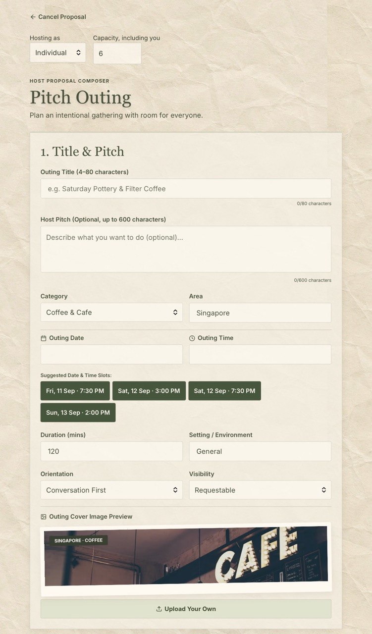 Pitch Outing form with title, activity, location, date, time and cover image