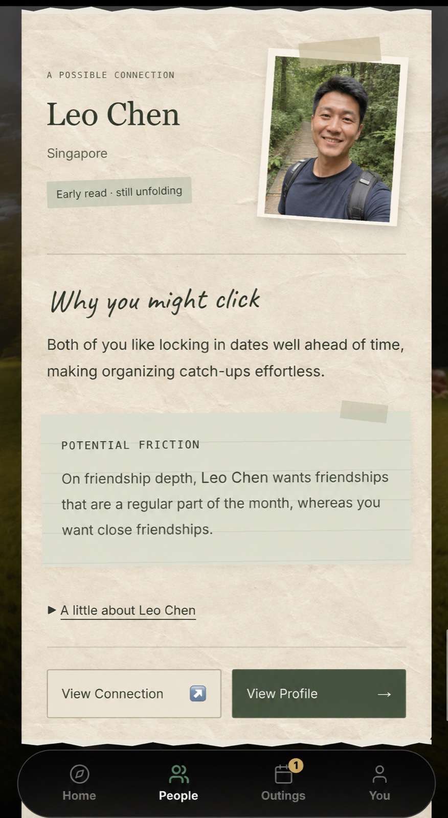 Current matching card with Why you might click, Potential friction and View Connection