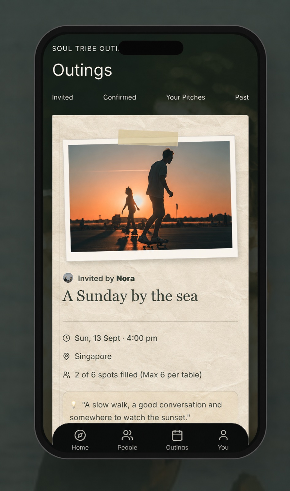 Outing invitation shown on a phone, with a sunset skating photo in the Polaroid