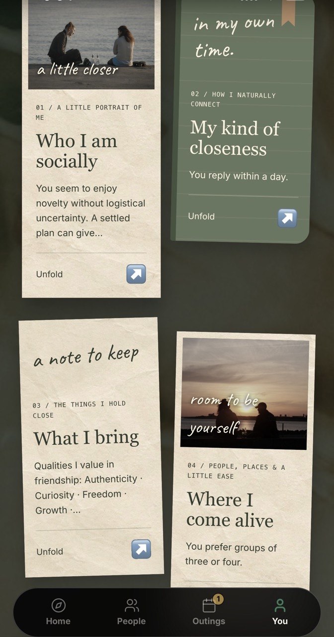 Social Read pages: Who I am socially, My kind of closeness, What I bring and Where I come alive
